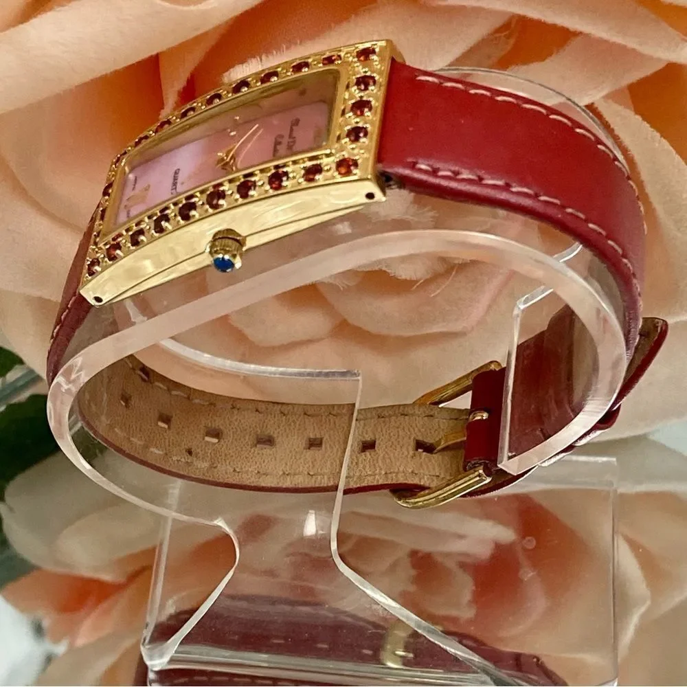 Marcel Drucker Red Gemstone Bezel Tank Style Watch with Pink MOP Dial